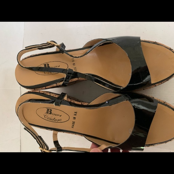 Black patent leather sandals slingback open toe lightweight platform wedges US10 - Picture 4 of 9